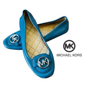 MICHAEL KORS Lillie Quilted Leather Moccasin Flats Blue Silver Logo Women's 8.5M